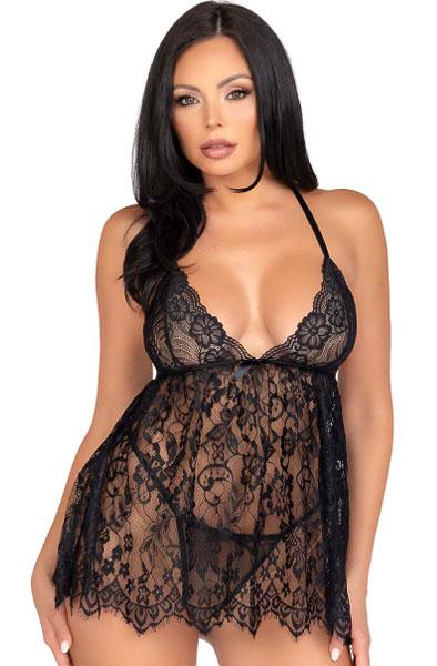 Floral Lace Babydoll & String Black L Babydoll