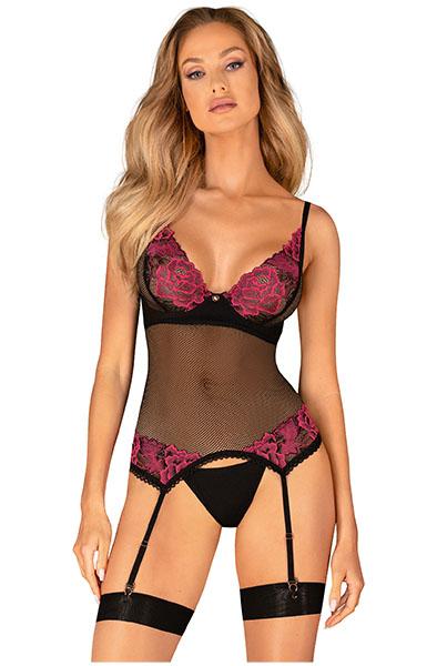 Obsessive Rosenty Corset & Thong XL/XXL Korsett med stringtrosa
