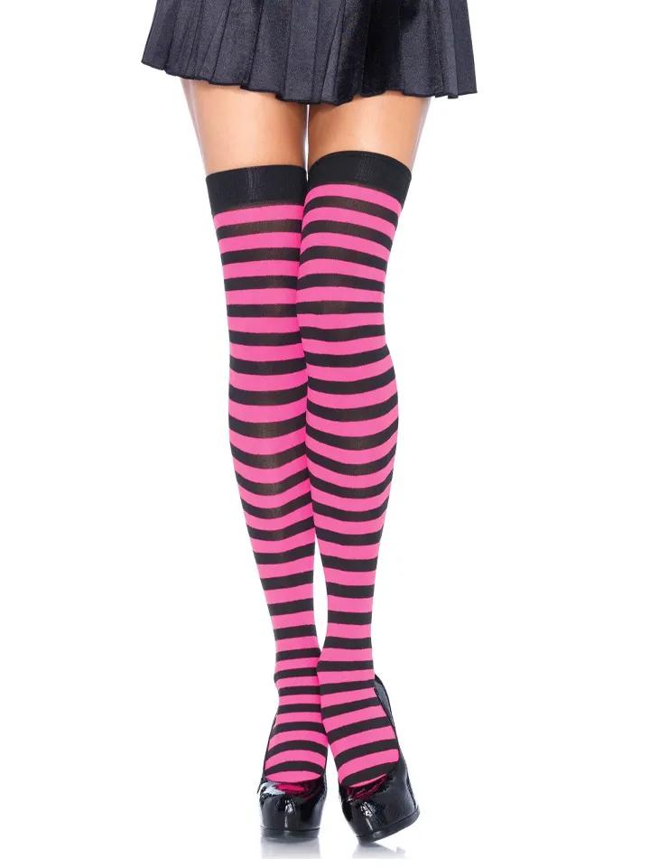 Striped Nylon Thigh Highs Black/Neon Pink O/S Stay-ups