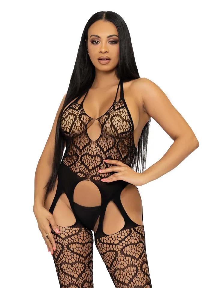 Seamless Heart Net Suspender Bodystocking Black O/S Bodystocking