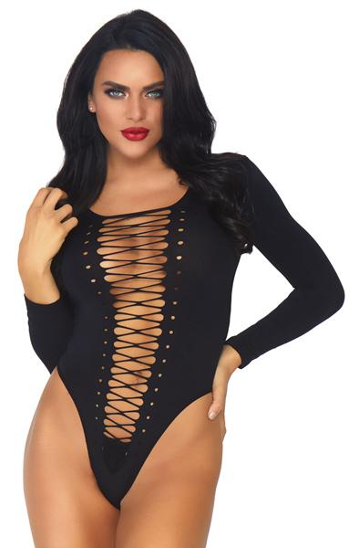Leg Avenue Long Sleeved Bodysuit One Size Teddy med korsettsnörning