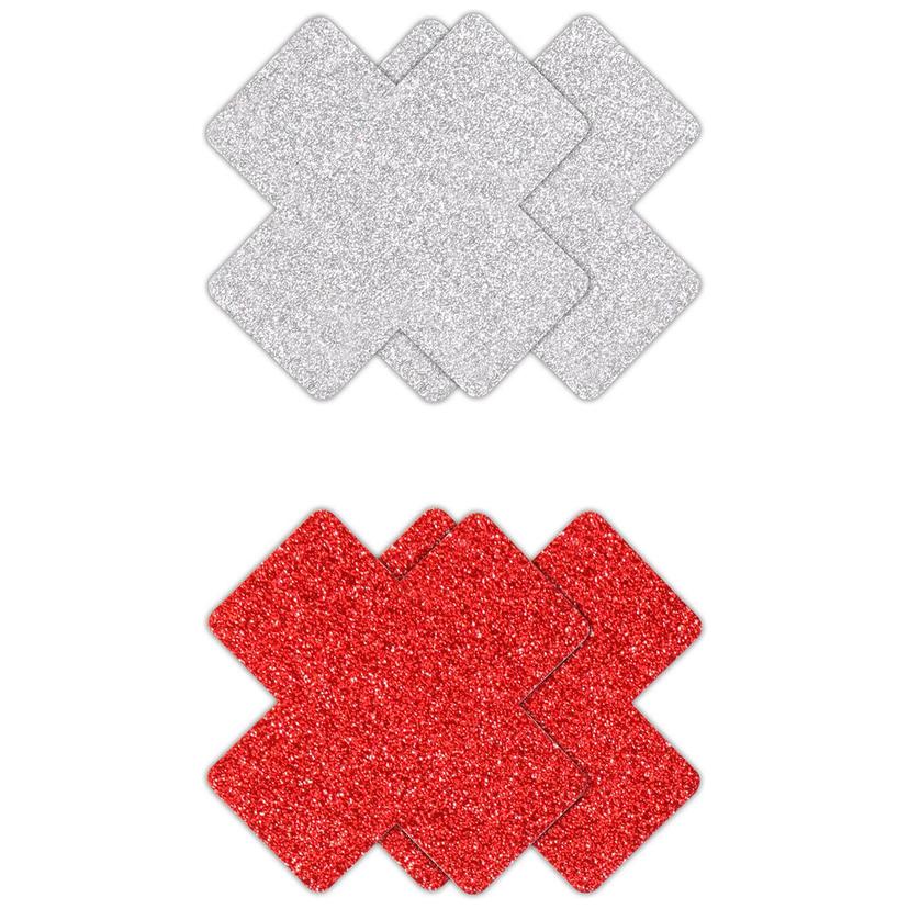 Glitter Cross Pasties Silver & Red 2 Pair