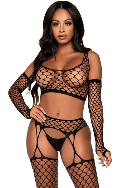 Crop Top Stockings & Gloves Black O/S Bodystocking