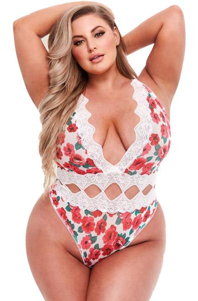White Floral & Lace Thong Bodysuit Curvy Queen Size Teddy