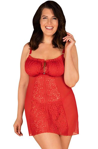 Obsessive Blossmina Chemise & Thong Red 4XL/5XL Sexiga underkläder