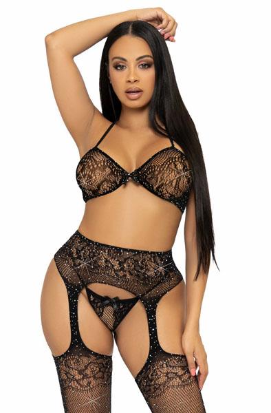 Leg Avenue Bra Top, String & Stockings Black O/S Sexiga underkläder