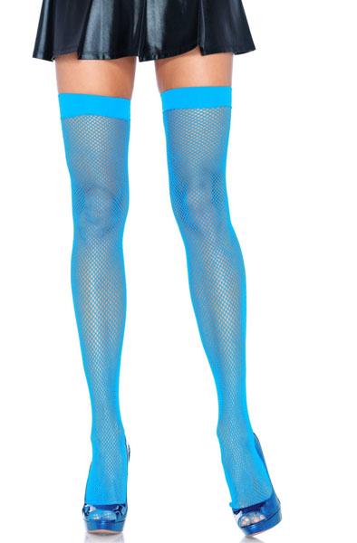 Nylon Fishnet Thigh Highs Neon Blue O/S Strumpbyxor
