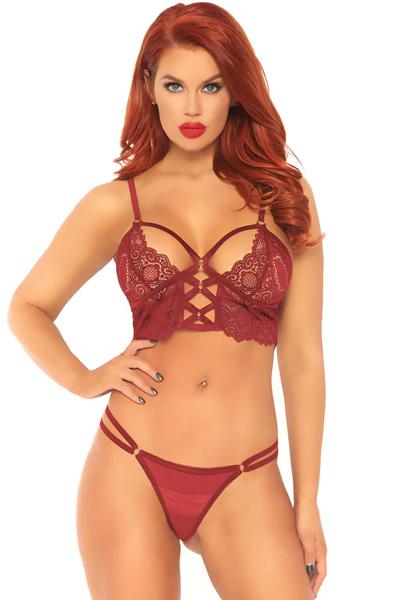 Lace Bralette With Sheer Thong Burgundy M/L Sexiga underkläder