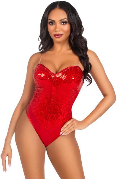 Sequin Boned Bodysuit Red L Body & Playsuits