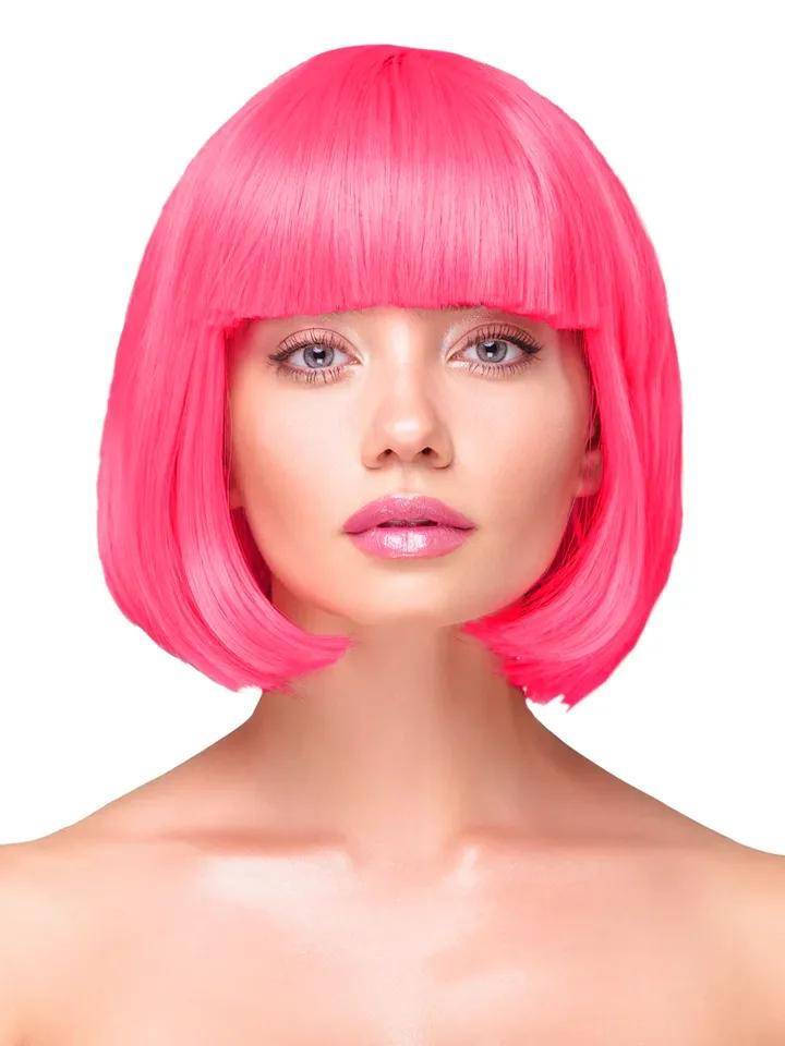 Party Wig Short Straight Hair Neon Pink Peruk