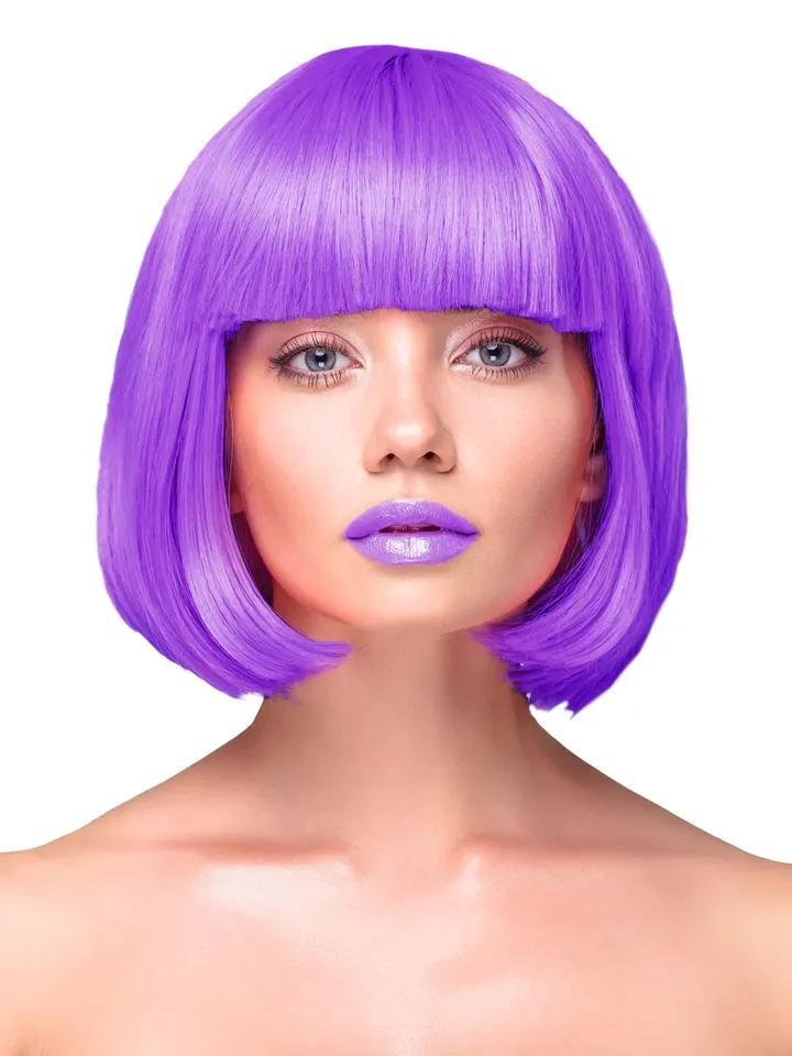 Party Wig Short Straight Hair Purple Peruk