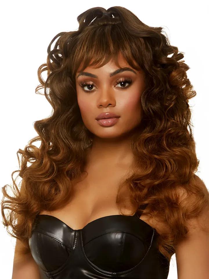 Long Curly Wispy Bang Wig Brown Peruk