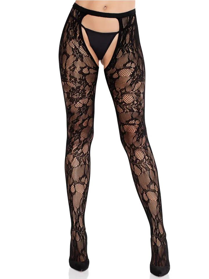 Rose Lace Crotchless Tights With Open Back Black O/S Strumpbyxor