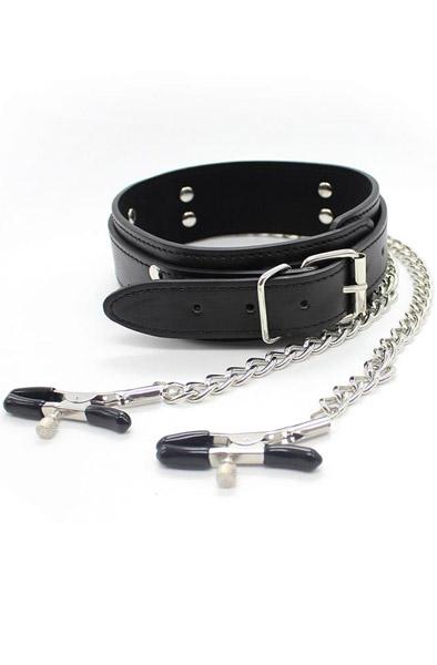 Collar With Nipple Clamps & Metal Chain Halsband med bröstklämmor