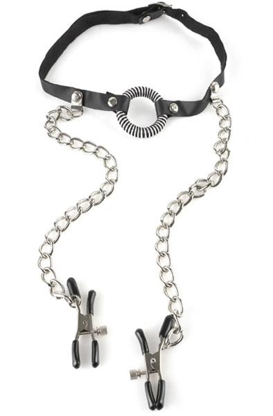 Pipedream O-Ring Gag With Nipple Clamps Gag med bröstklämmor