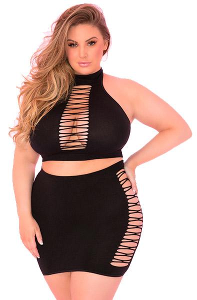 Pink Lipstick Lingerie 2-pcs High Neck Set Queen Size Sexiga kläder