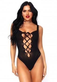 Opaque lace up thong teddy
