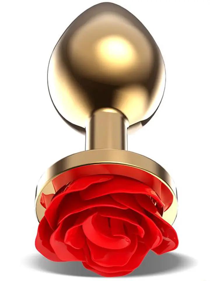 Golden Metal Anal Plug With Red Rose Medium